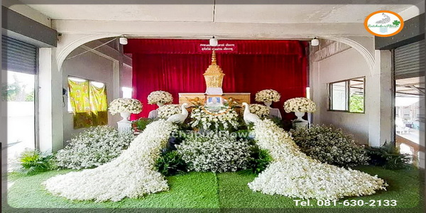 สวนดอกไม้หน้าศพ นกยูงดอกไม้งานศพ ดอกไม้หน้าศพสีขาว ดอกไม้หน้าหีบนกยูงประดับ ดอกไม้หน้าเมรุ สวยงามหรูหรา ทันสมัย ราคาไม่แพง แบบที่ 36